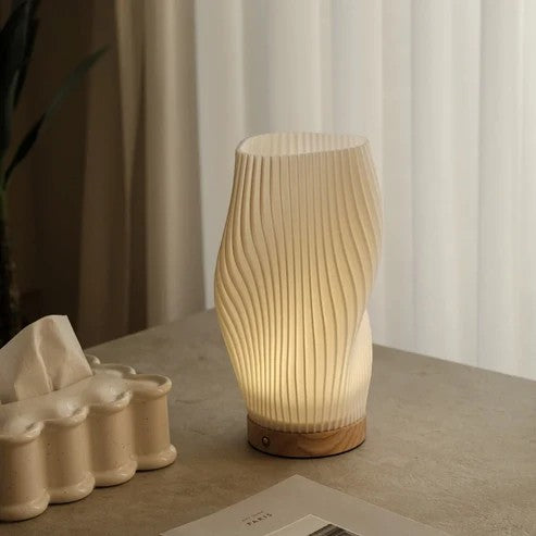 Sculpted Wave Bedside Lamp with Wooden Base