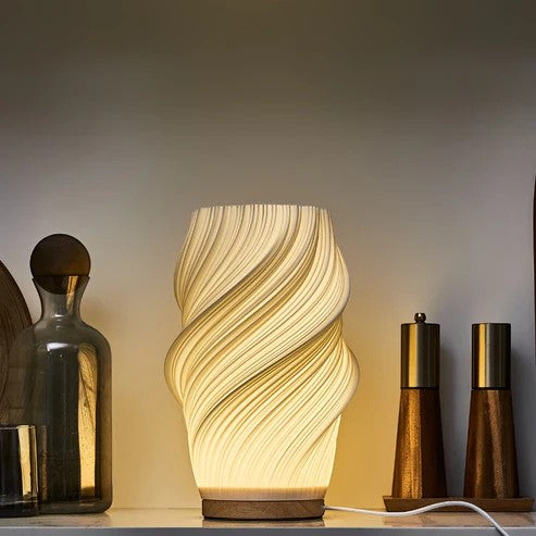Sculpted Wave Bedside Lamp with Wooden Base