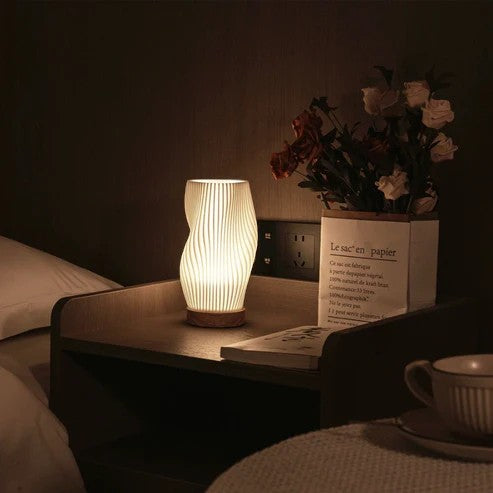 Sculpted Wave Bedside Lamp with Wooden Base