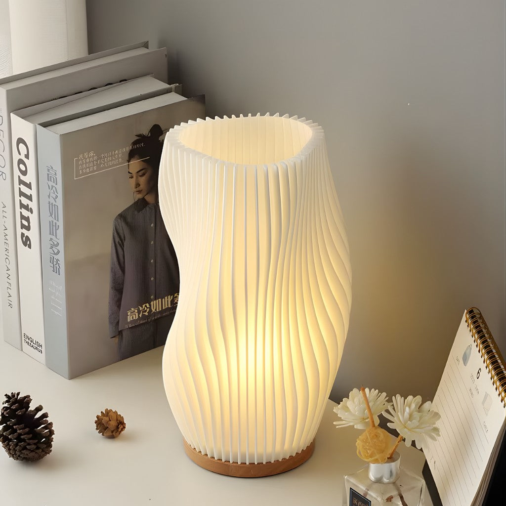 Sculpted Wave Bedside Lamp with Wooden Base