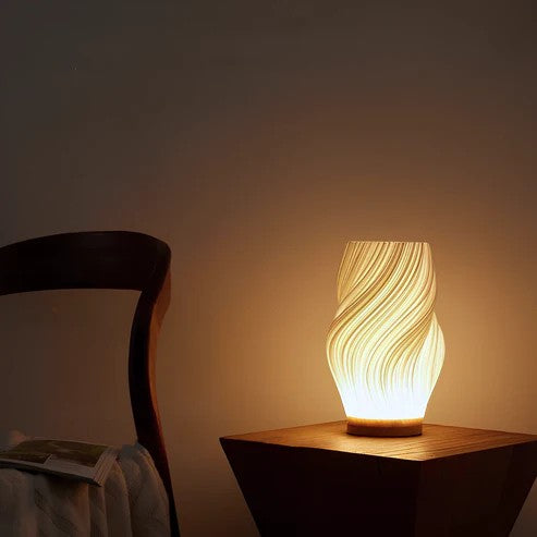 Sculpted Wave Bedside Lamp with Wooden Base