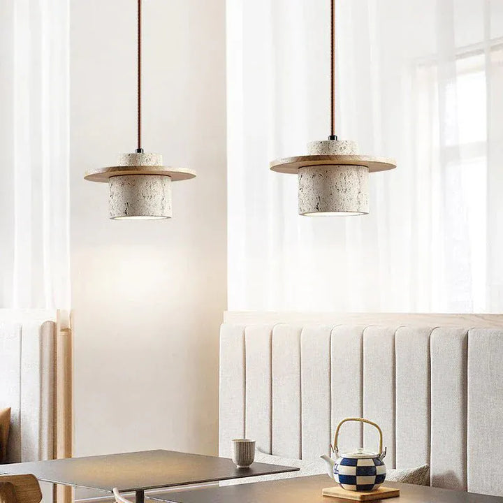 Travertine Stone & Wood Pendant Lamp Boldenn