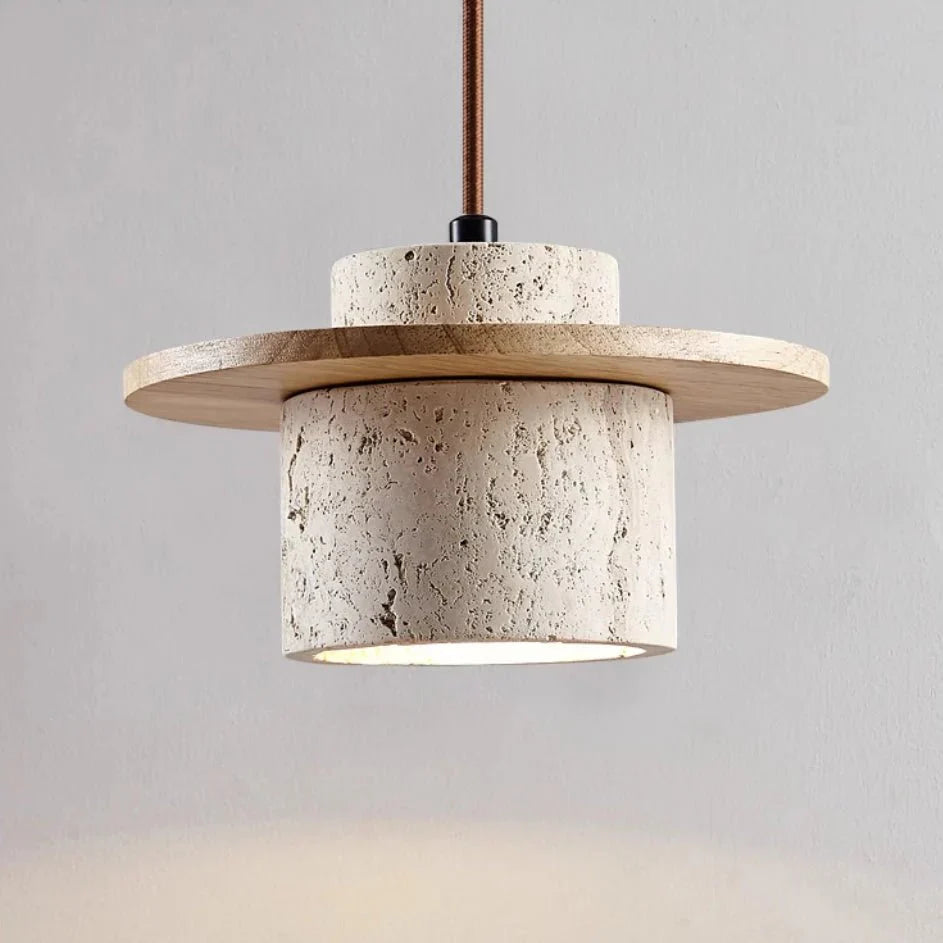 Travertine Stone & Wood Pendant Lamp
