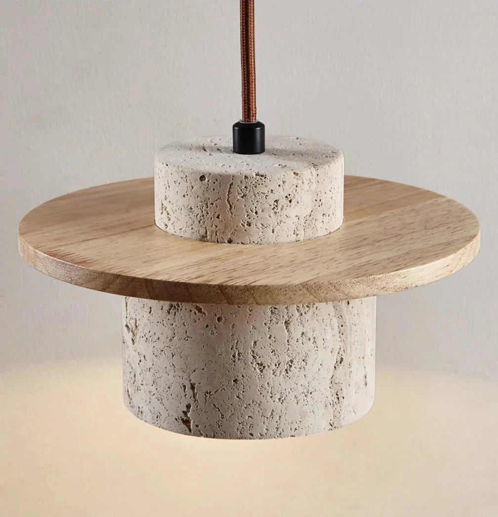 Travertine Stone & Wood Pendant Lamp