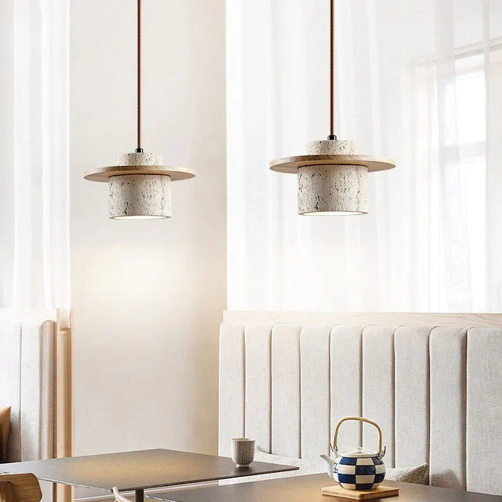 Travertine Stone & Wood Pendant Lamp