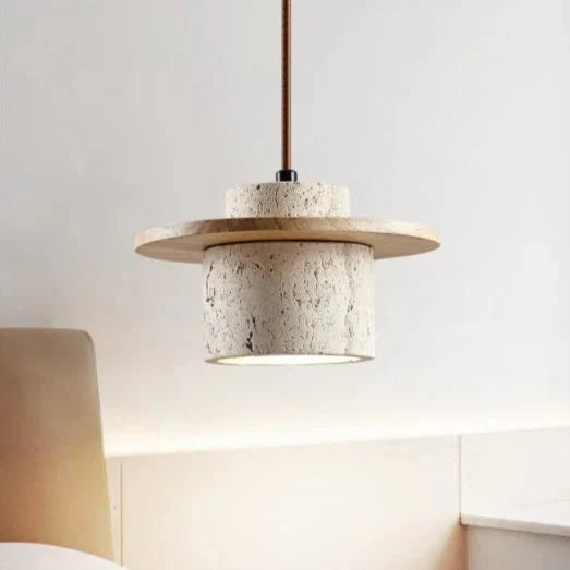 Travertine Stone & Wood Pendant Lamp