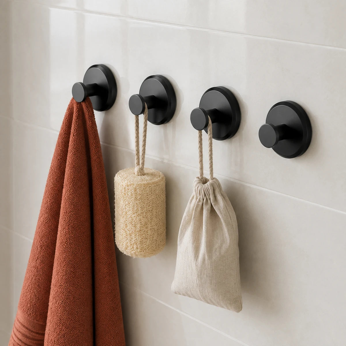 Matte Black suction hooks holding bathroom essentials