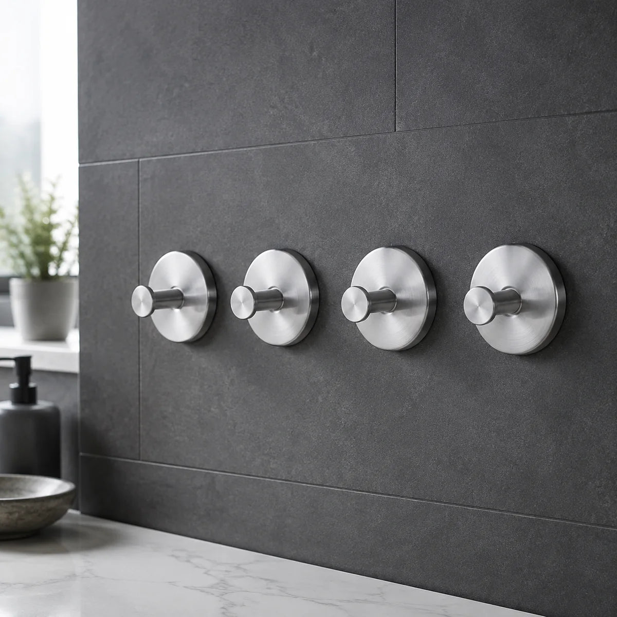 Silver vacuum suction wall hooks in a clean kitchen setting