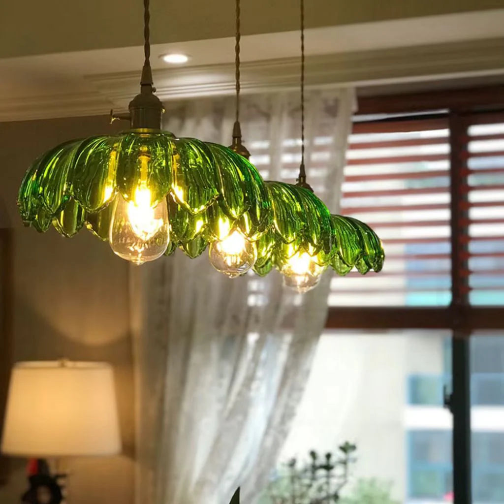 Vintage Flower-Shaped Scalloped Glass Hanging Lamp
