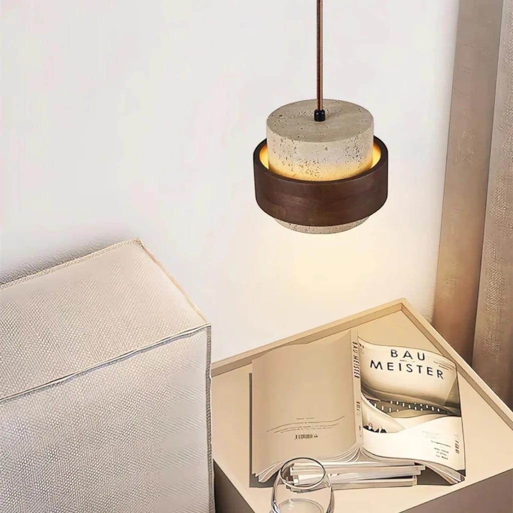 Yellow Travertine & Wood Pendant Light Boldenn