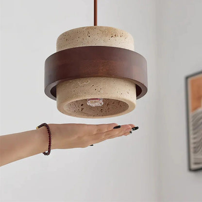 Yellow Travertine & Wood Pendant Light Boldenn