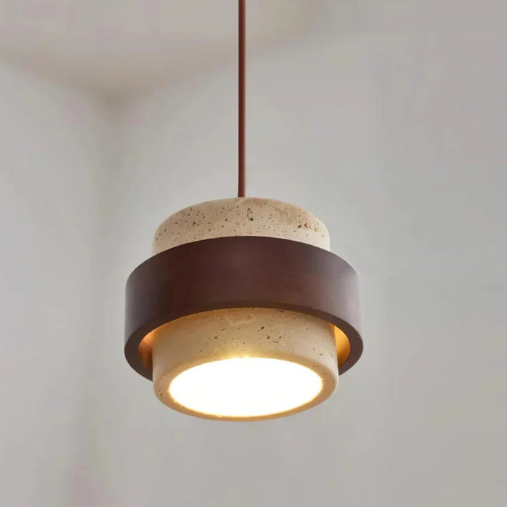 Yellow Travertine & Wood Pendant Light