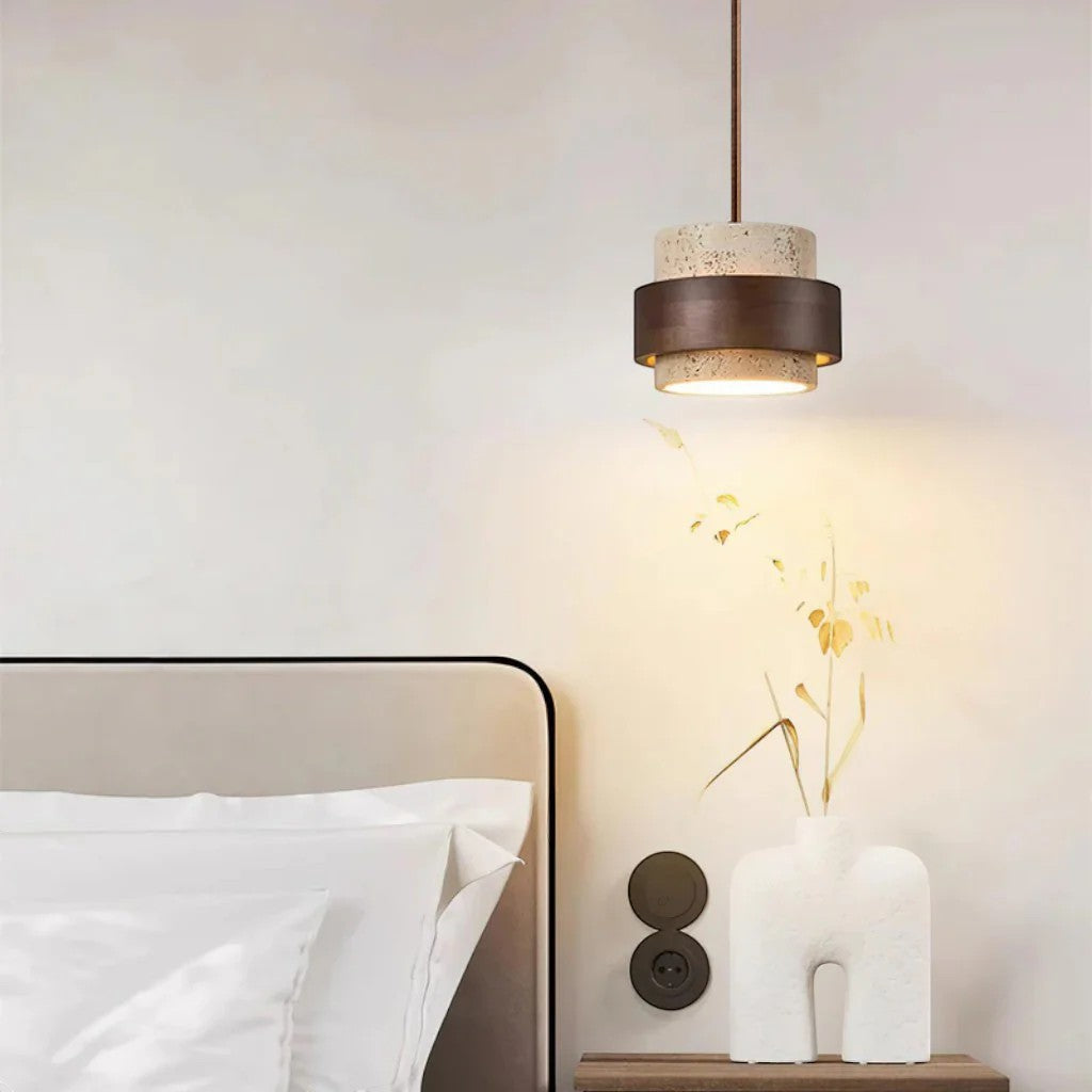 Yellow Travertine & Wood Pendant Light