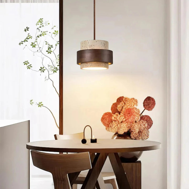 Yellow Travertine & Wood Pendant Light