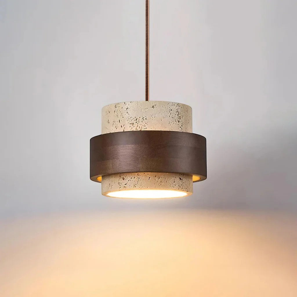 Yellow Travertine & Wood Pendant Light