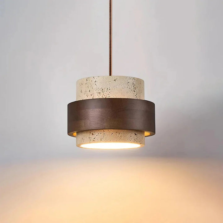 Yellow Travertine & Wood Pendant Light
