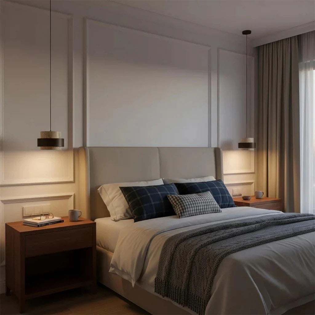 Yellow Travertine & Wood Pendant Light