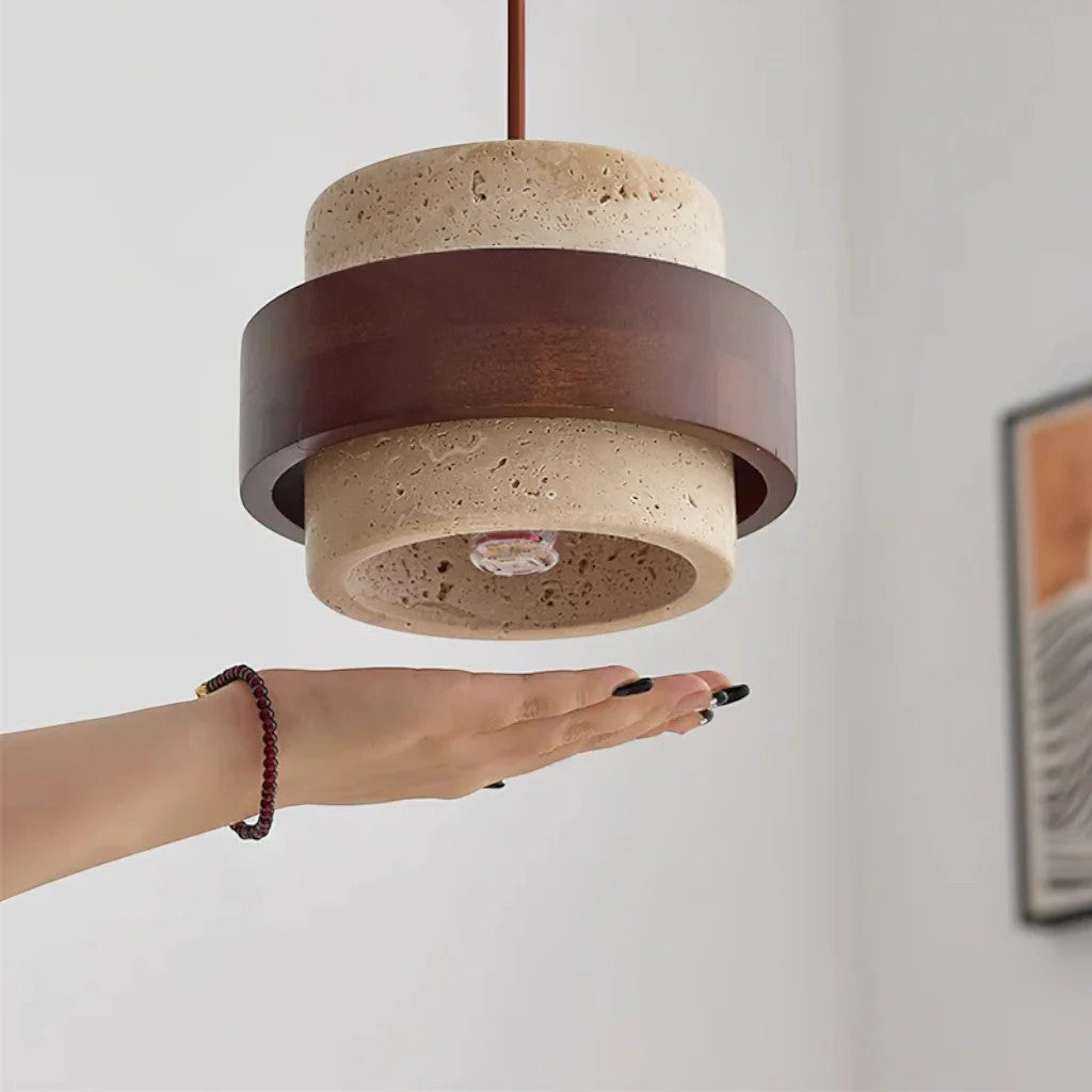 Yellow Travertine & Wood Pendant Light