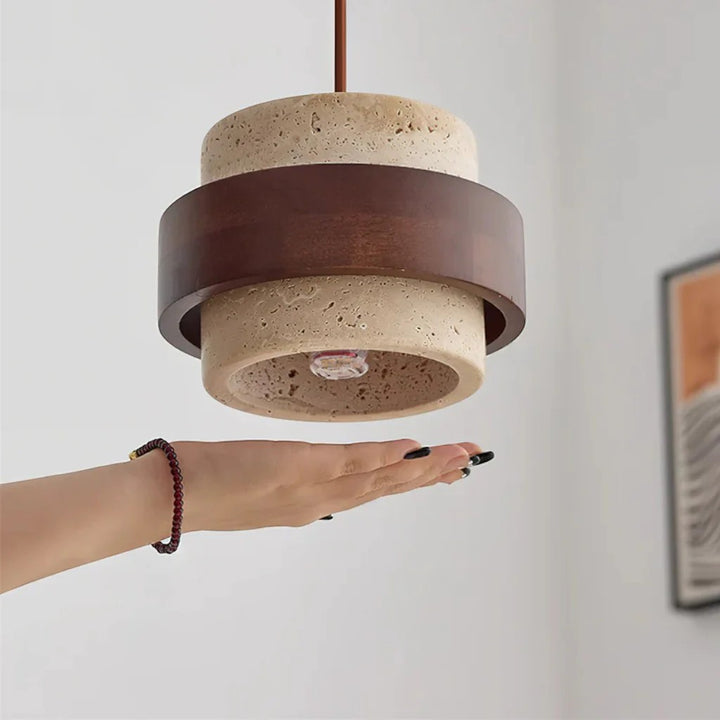 Yellow Travertine & Wood Pendant Light