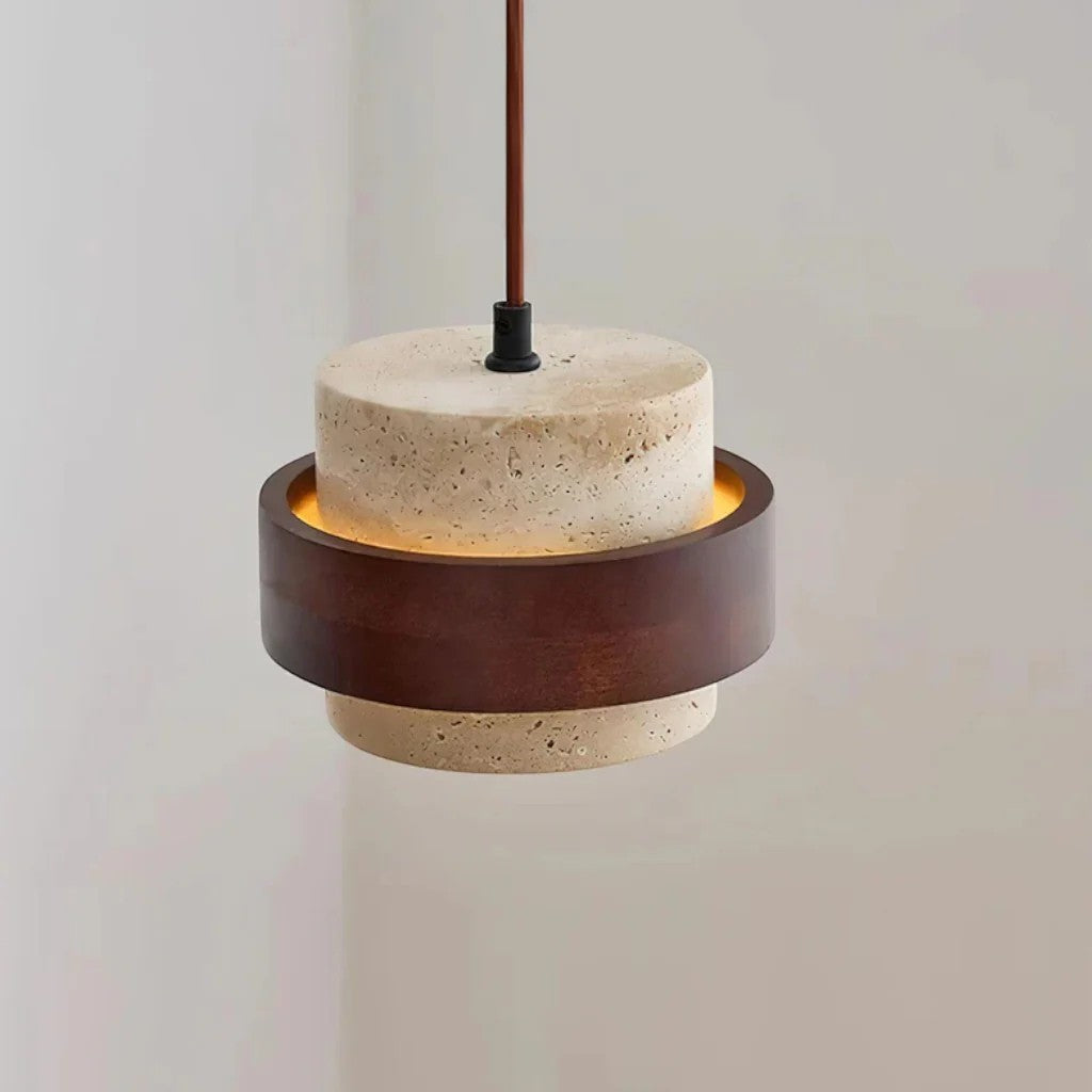 Yellow Travertine & Wood Pendant Light